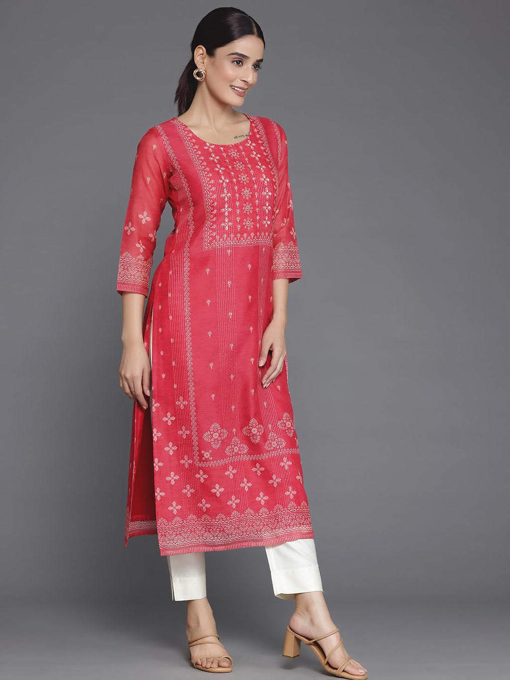 Libas WomenS Chanderi Silk Embellished Straight Kurta (37049_Coral