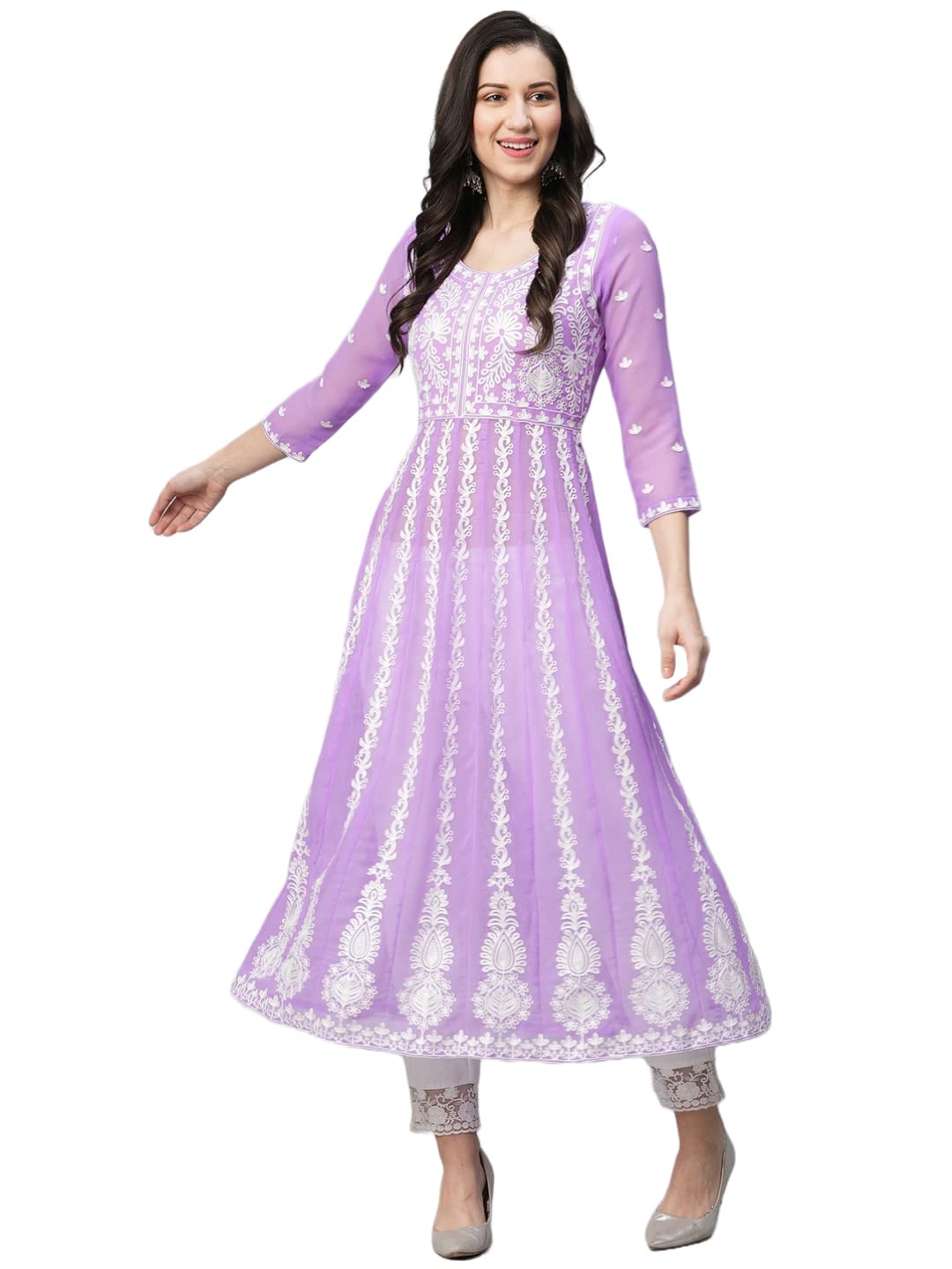 ANNI DESIGNER Womens Georgette Chikankari Embroidered Anarkali Kurti (Naav Purple-Nw1_M_Purple_Medium)