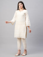 Gosriki Women'S Pure Cotton Chikankari Embroidered Straight Kurta With Pant (Mavak Cream01-Gs)