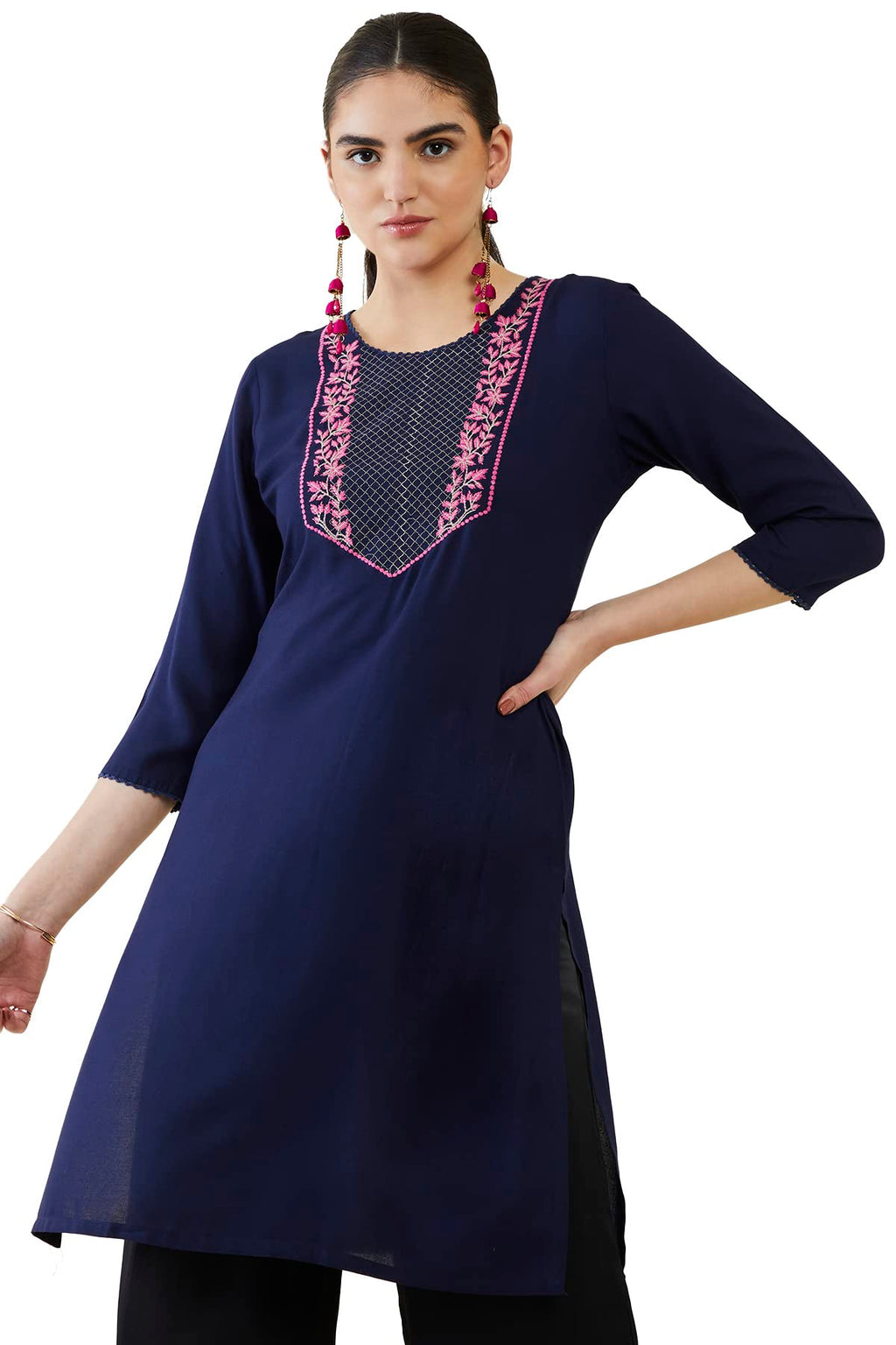 Soch Women Navy Blue Rayon Embroidered Kurta(Navy Blue_S)