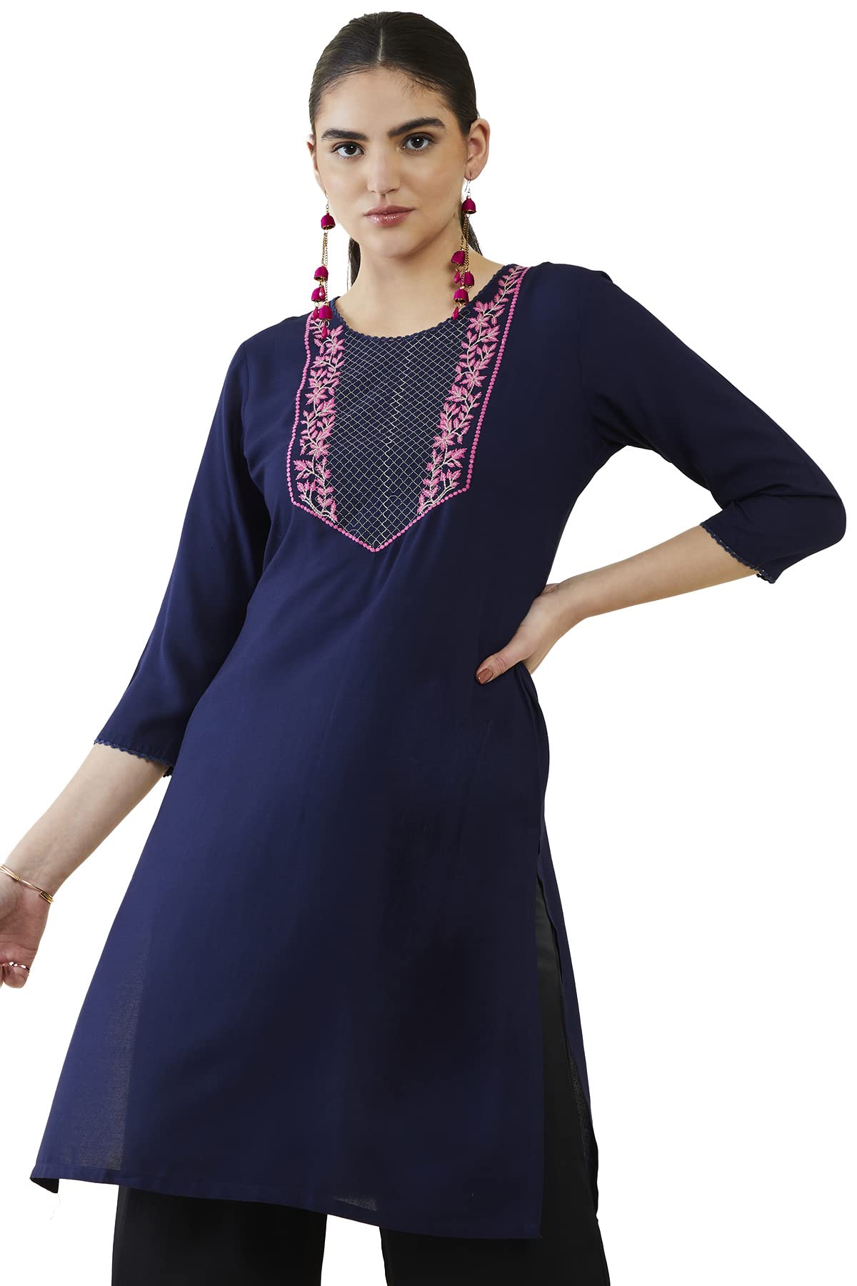 Soch Women Navy Blue Rayon Embroidered Kurta(Navy Blue_S)