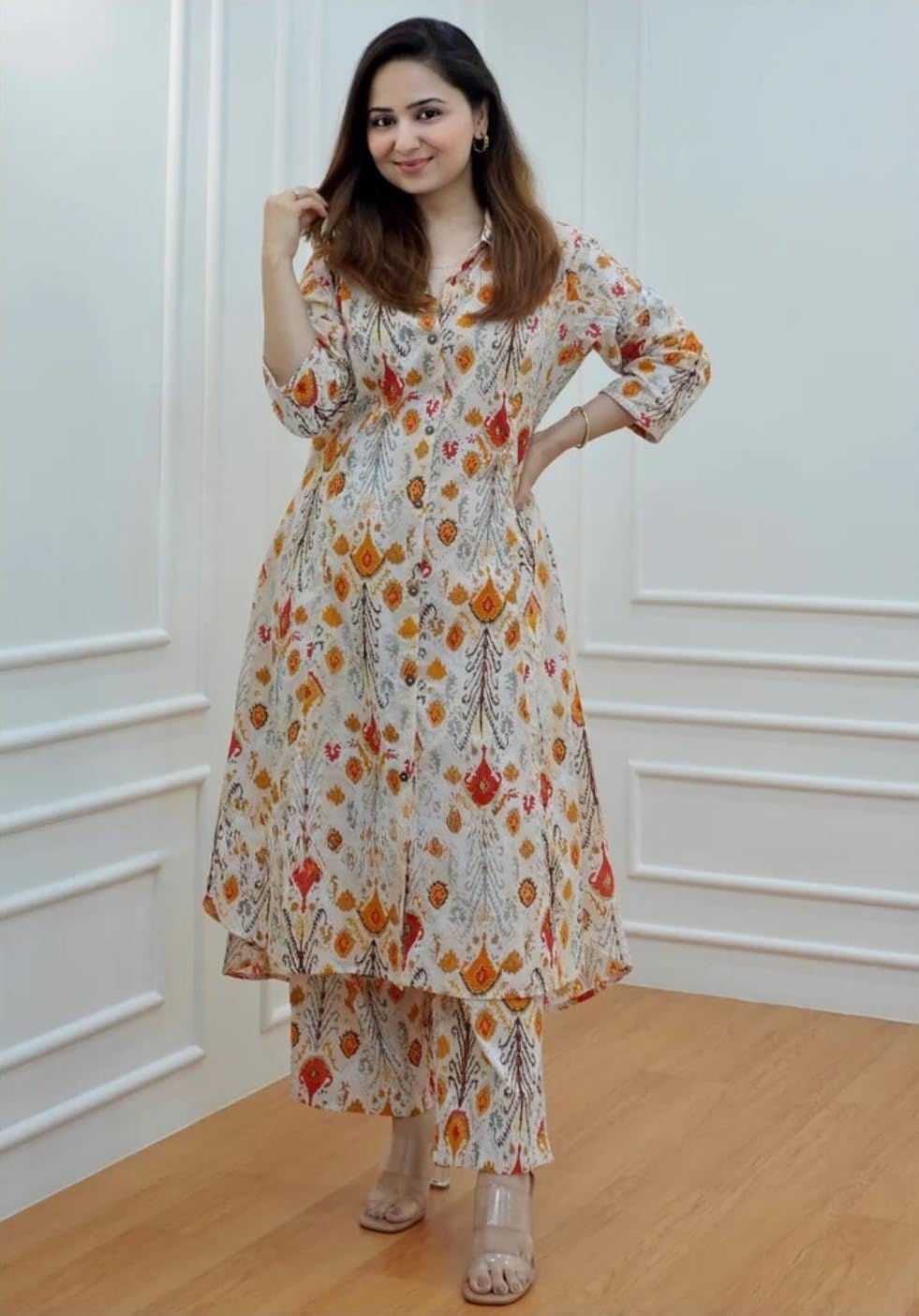 Leriya Fashion Women'S Anarkali Rayon Floral Printed Kurta Pant Set | High-Low Hem & 3/4 Sleeves | Ethnic Co-Ord For Festive & Casual Wear | Co Ord Set For Women Stylish | 2 Piece Dress For Holiday Look & Puja