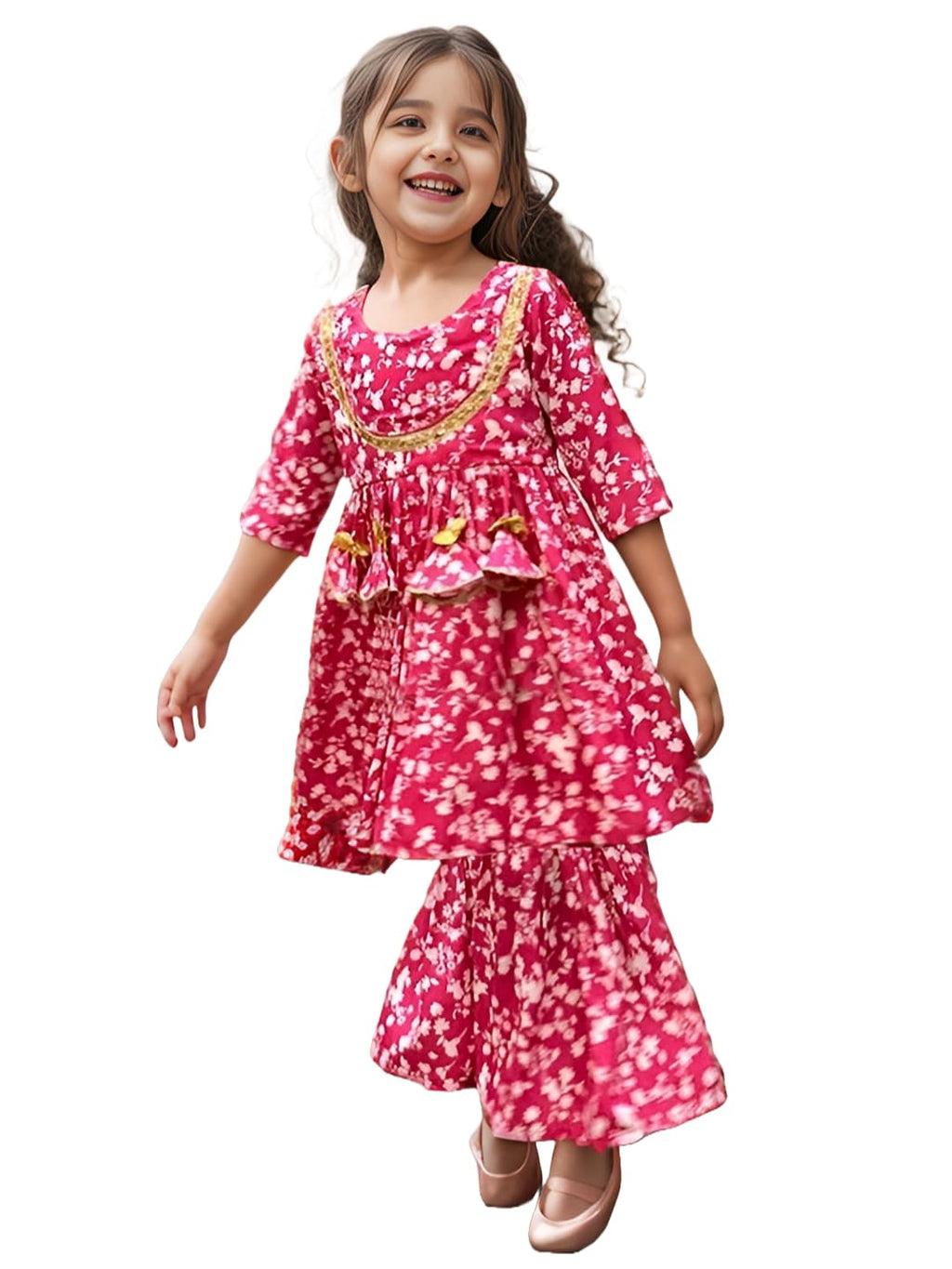 A.T.U.N. (All Things Uber Nice) A.T.U.N. Girls Ethnic Wear Sharara | Floral Fuchsia Printed Kurta With Sharara Set For Girls