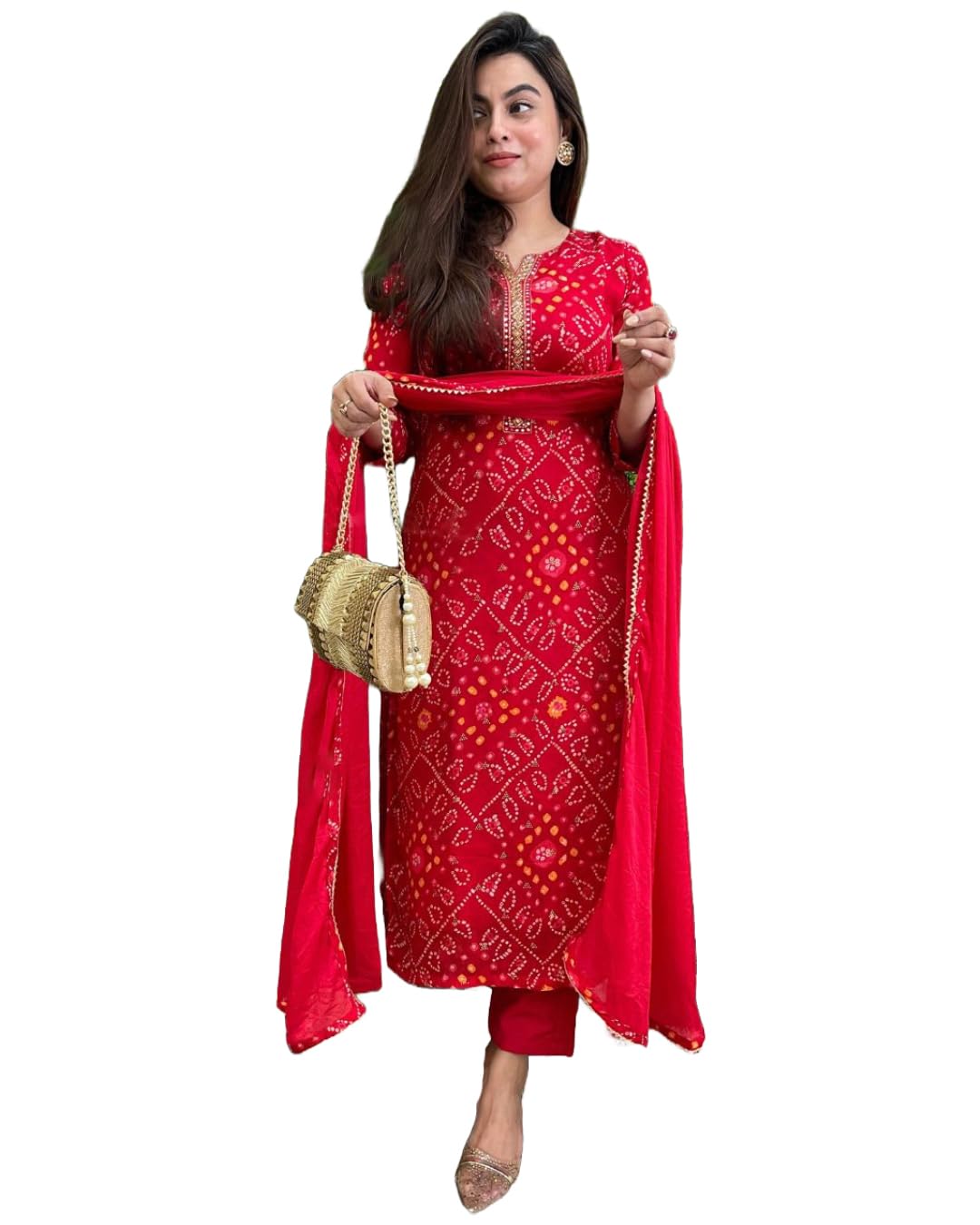 ANNI DESIGNER Women s Rayon Blend Printed Straight Kurta with Pants and Dupatta, Red, XL