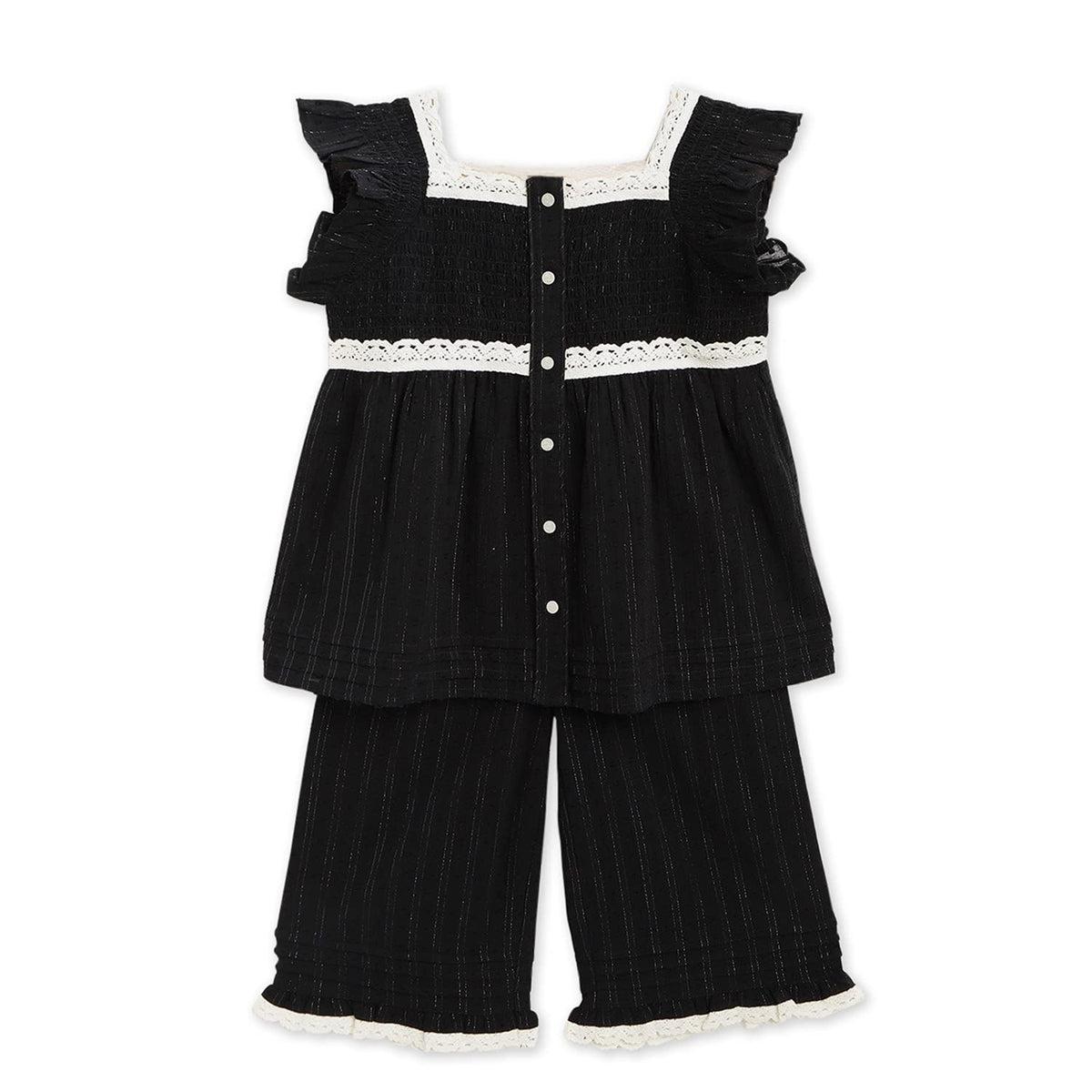 Cherry Crumble Black Solid 100% Cotton Short Sleeves Square Neck Night Wear Regular Fit Lace Summer Nightsuit for Girls 18-24