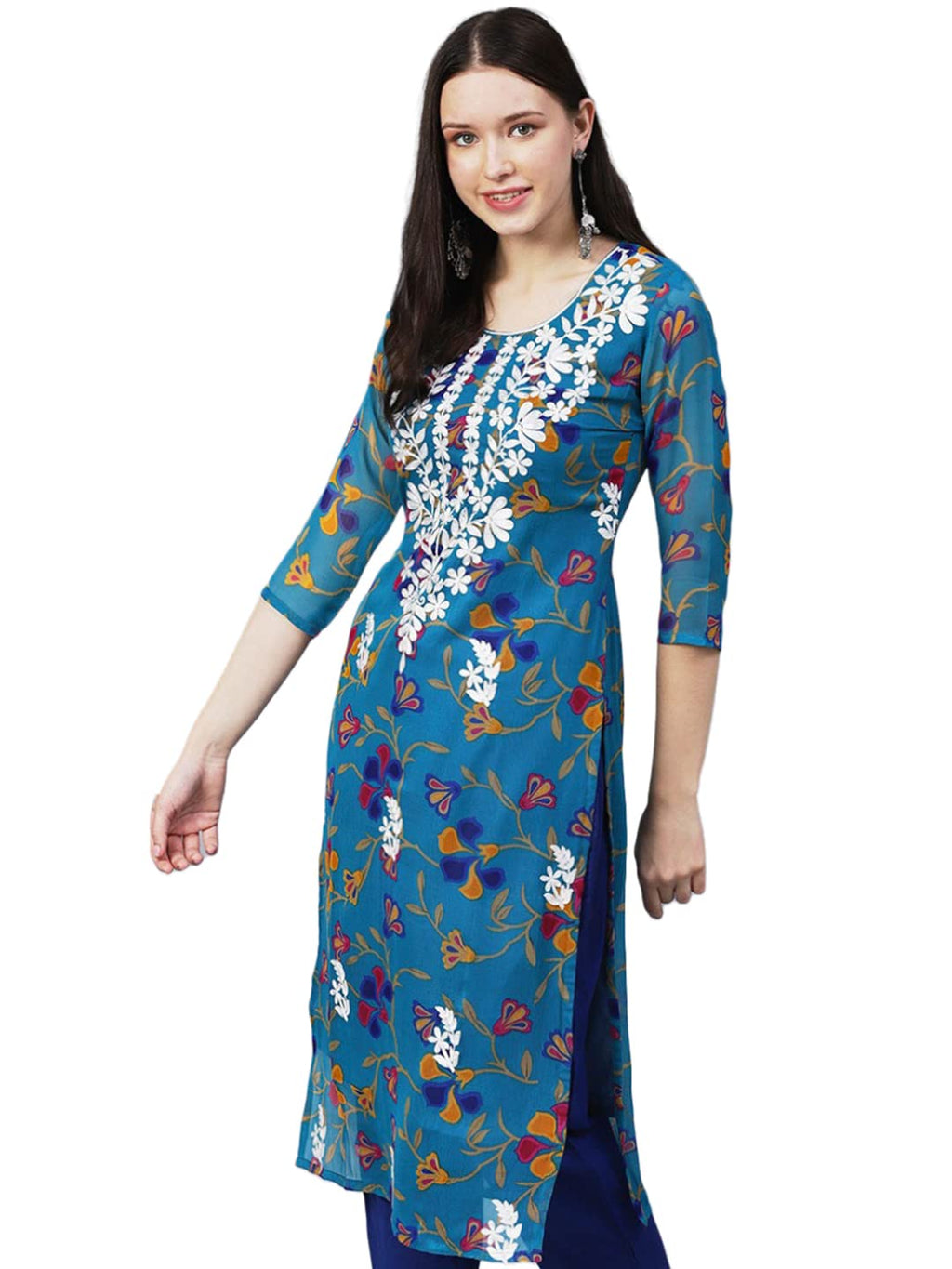 Gosriki Women'S Printed Georgette Chikankari Embroidered Kurti (Gori-Cerosin-Nw-Gs_S_Dark Blue_Small)