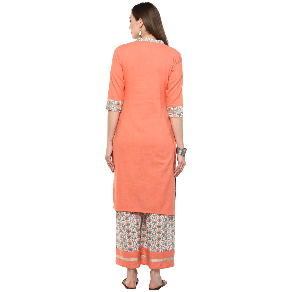 Idalia Women'S Peach Cotton Kurta With Printed Palazzo Pants
