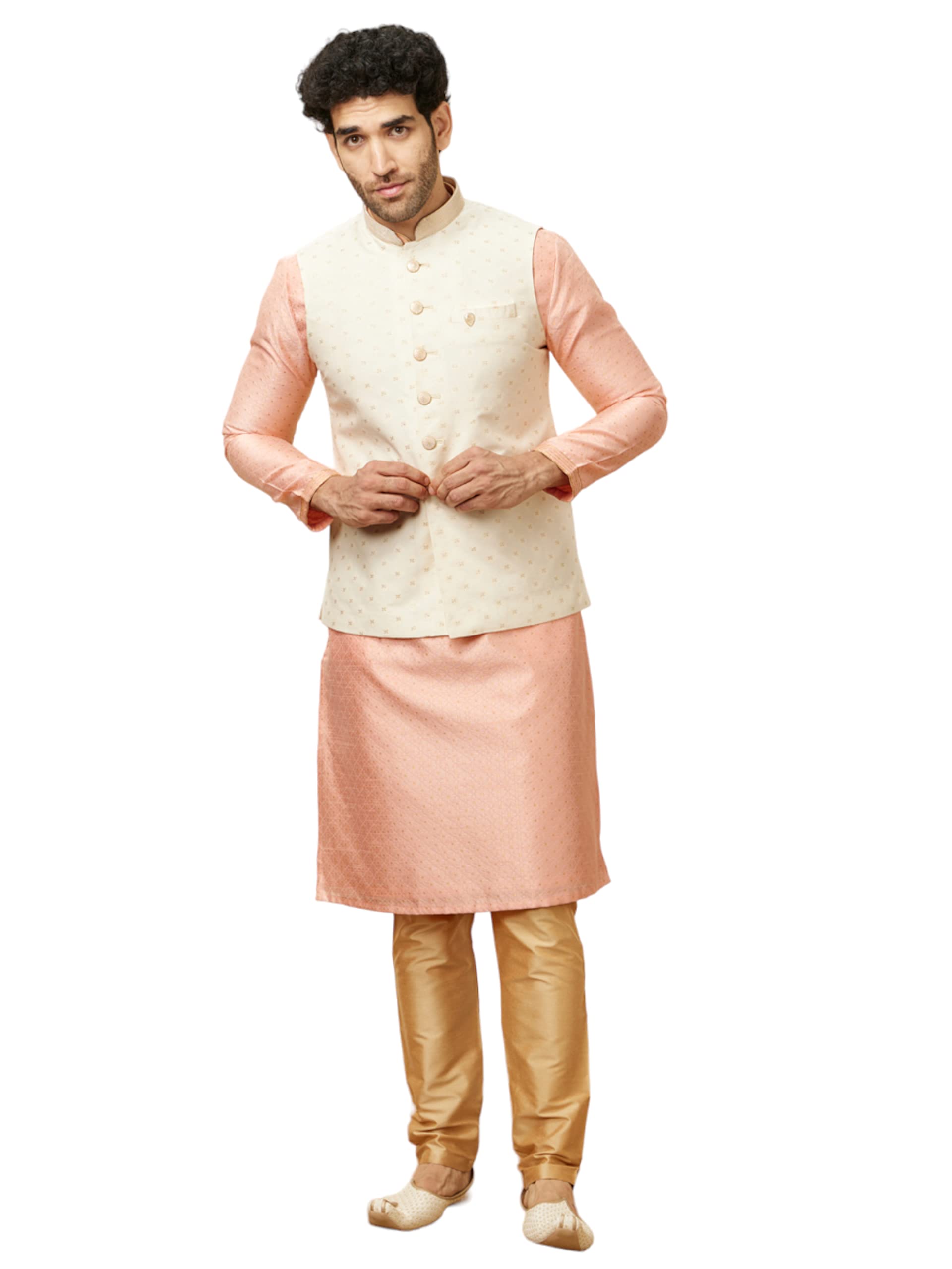 Manyavar Mens Blended Cotton Self Design Casual, Traditional Sleeveless Jacket (Off White, XL)