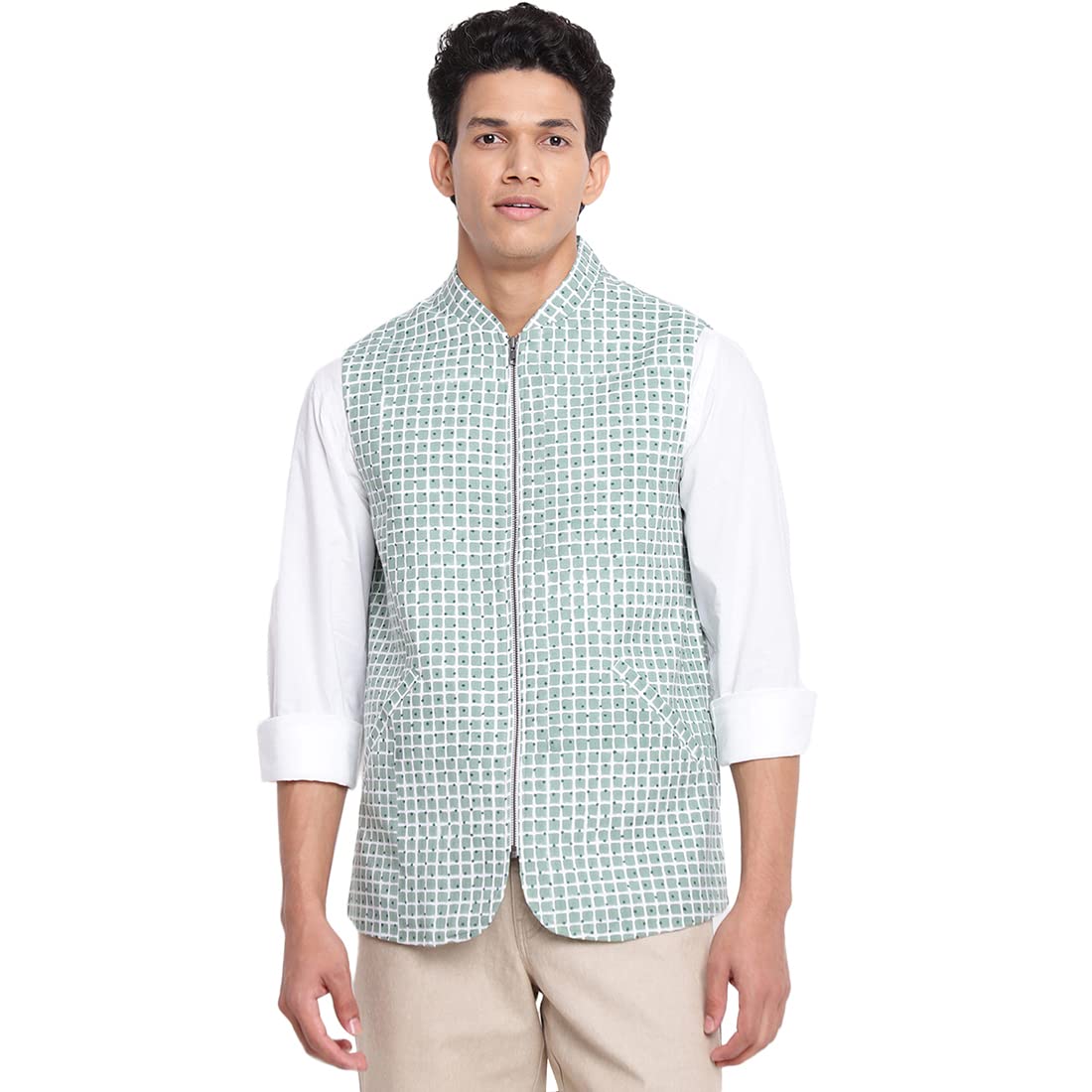 Fabindia Men Cotton Printed Jacket Green_Xl