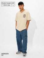 The Souled Store Cosmic Beige Oversized T-Shirt for Men Boys Cotton Casual Half Sleeves Baggy Loose Fit Drop Shoulder Round Neck