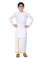 Prakasam Cotton Boys White Art Silk Long Sleeve Kurtha With Stitched Art Silk White Dhoti For Boys