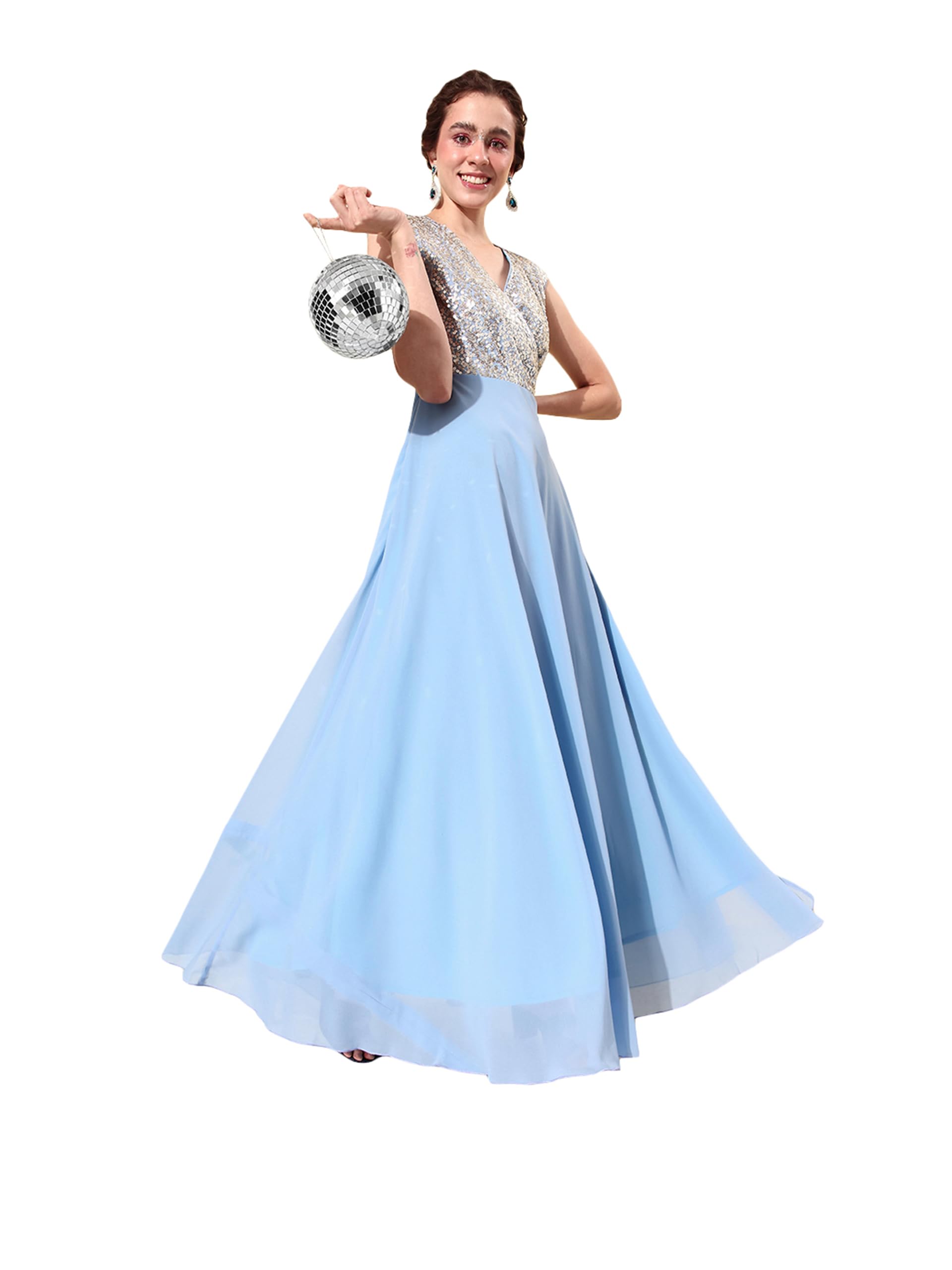 Miss Chase WomenS V-Neck Cap Sleeved Solid Wrap Maxi Dress (Mcaw22D99-88-273-04, Sky Blue & Golden, M)