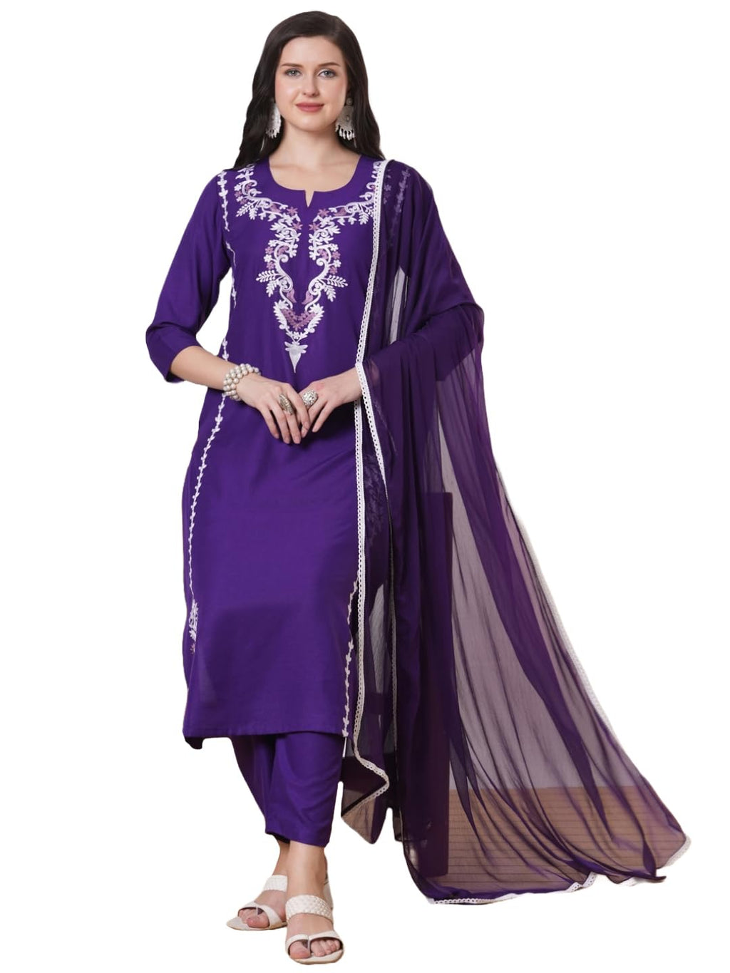 ANNI DESIGNER Women s viscose rayon embroidered straight Kurta with trousers and dupatta, Begani, XL