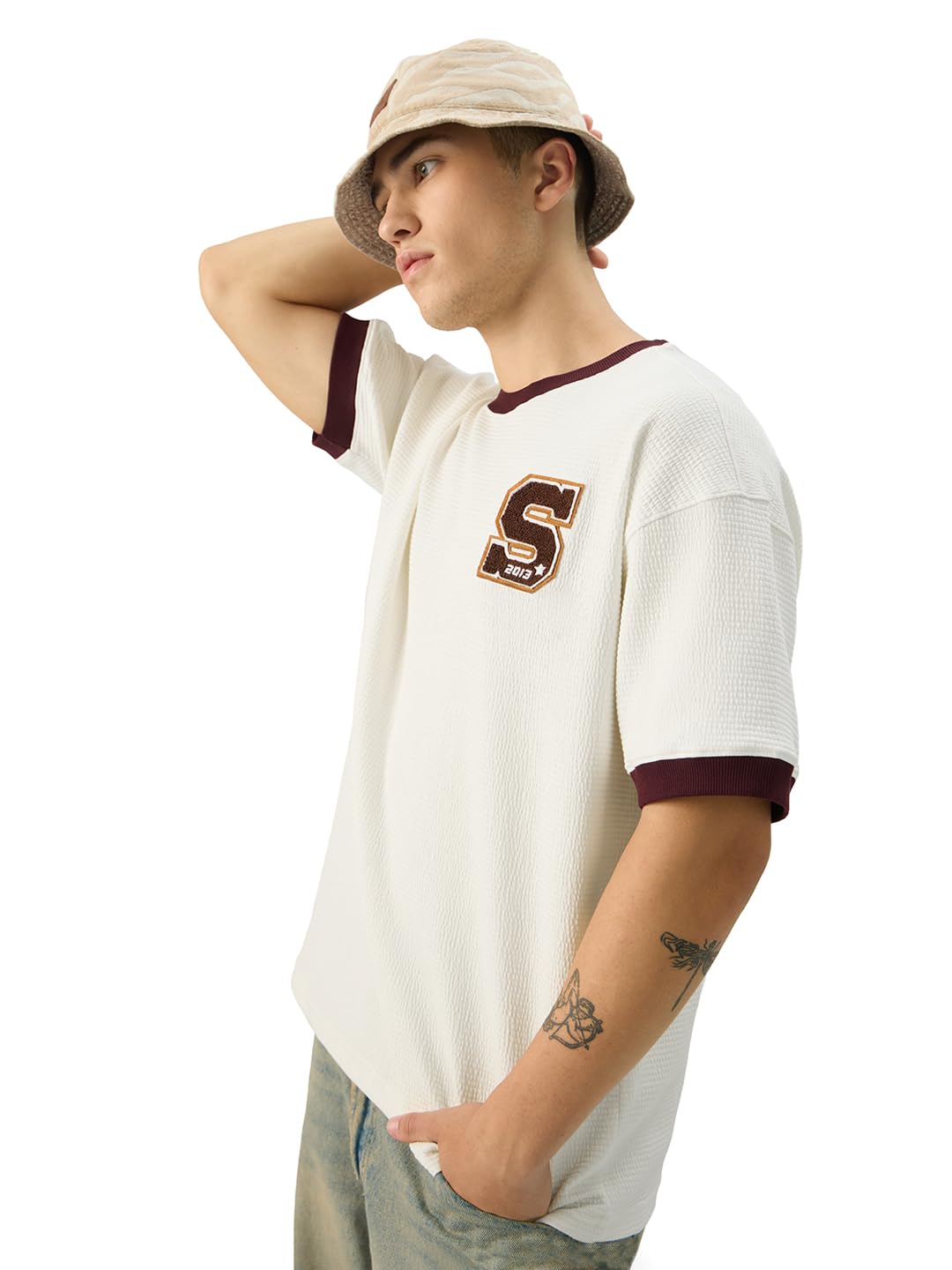 The Souled Store Originals: S 2013 Men and Boys Short Sleeve Round Neck White Embroidered Cotton Oversized T-Shirts