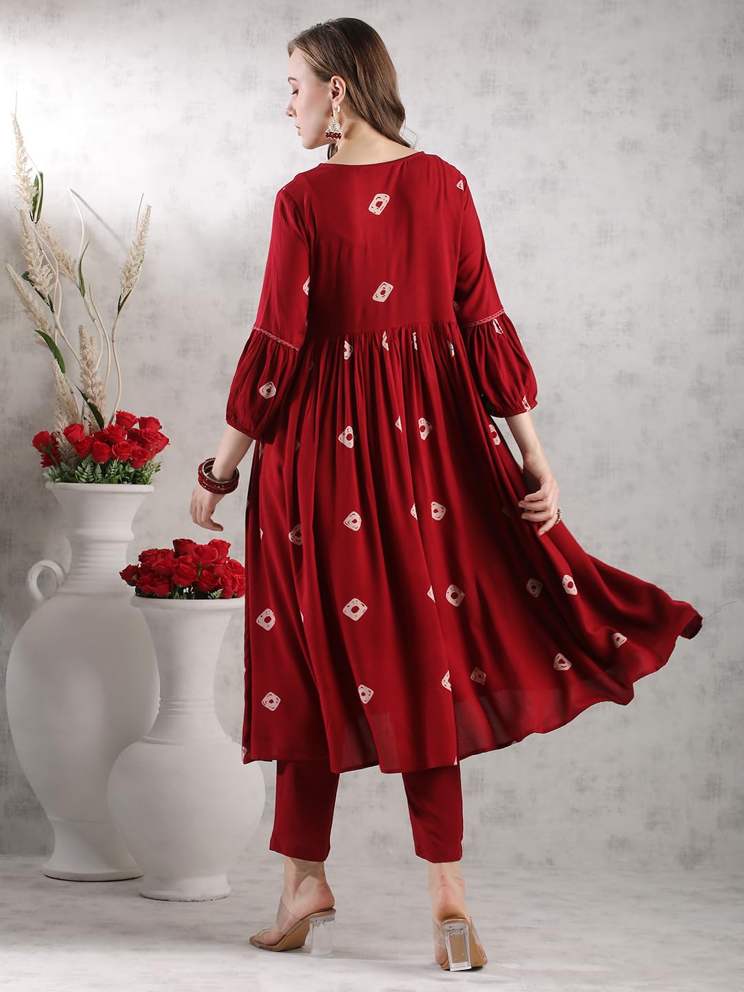 ANNI DESIGNER Women s Anarkali Printed Rayon Blend Kurta with Pants, Burgundy, Medium