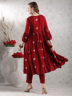 ANNI DESIGNER Women s Anarkali Printed Rayon Blend Kurta with Pants, Burgundy, XL
