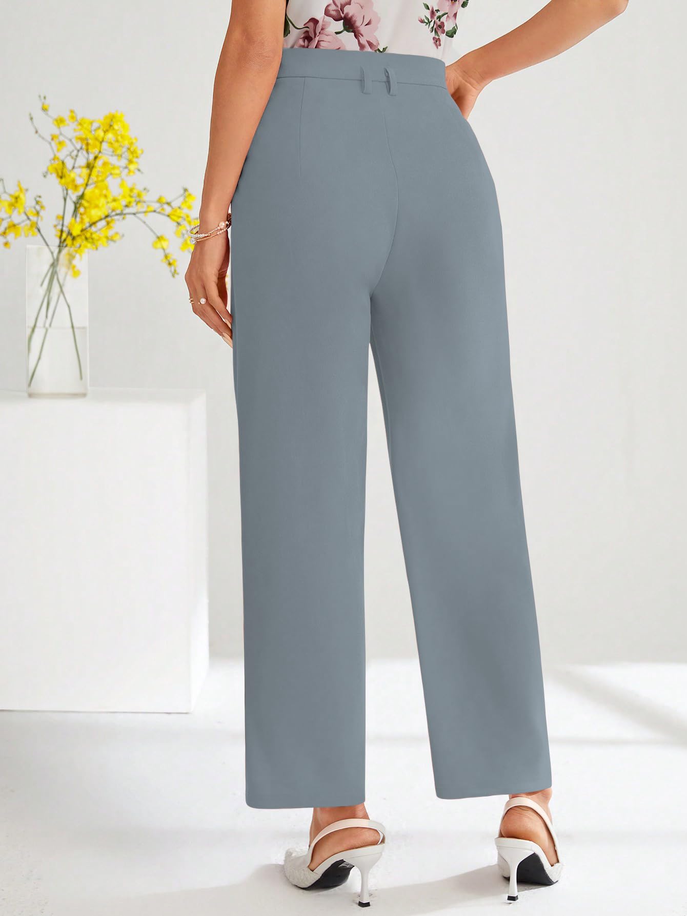 Shasmi Womens Sky Blue High Waist Pleated Straight Leg Trousers  Elegant Solid Color Work Pants with Pockets, Casual Office Wear