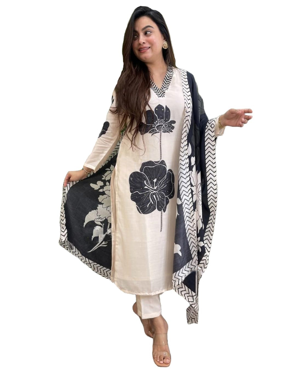 ANNI DESIGNER Women's Cotton Blend Straight Printed Kurta with Pant & Dupatta (REEKA CREAM-NW_XL_Cream_X-Large)