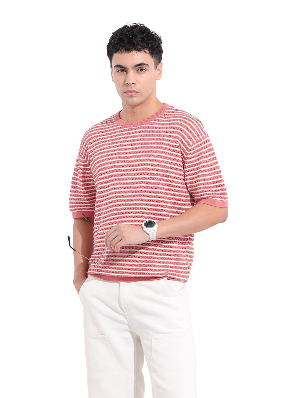 The Indian Garage Co Mens Oversized Textured Half Sleeves Crew Neck Flat Knit Sweater