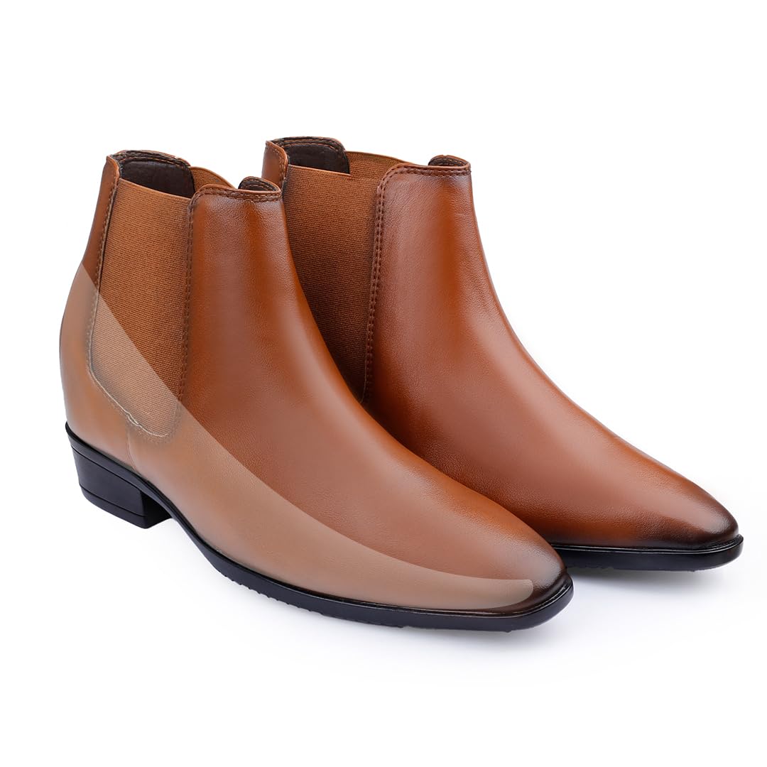 BXXY Mens 3.5 Hidden Height Increasing Faux Leather Material Tan Classic Chelsea Style Elevator Boots 7 UK 7