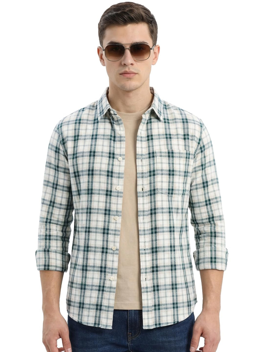Bewakoof MenS Checked Regular Fit Full Sleeve Collar Cotton Shirt_1500726_Off White_S