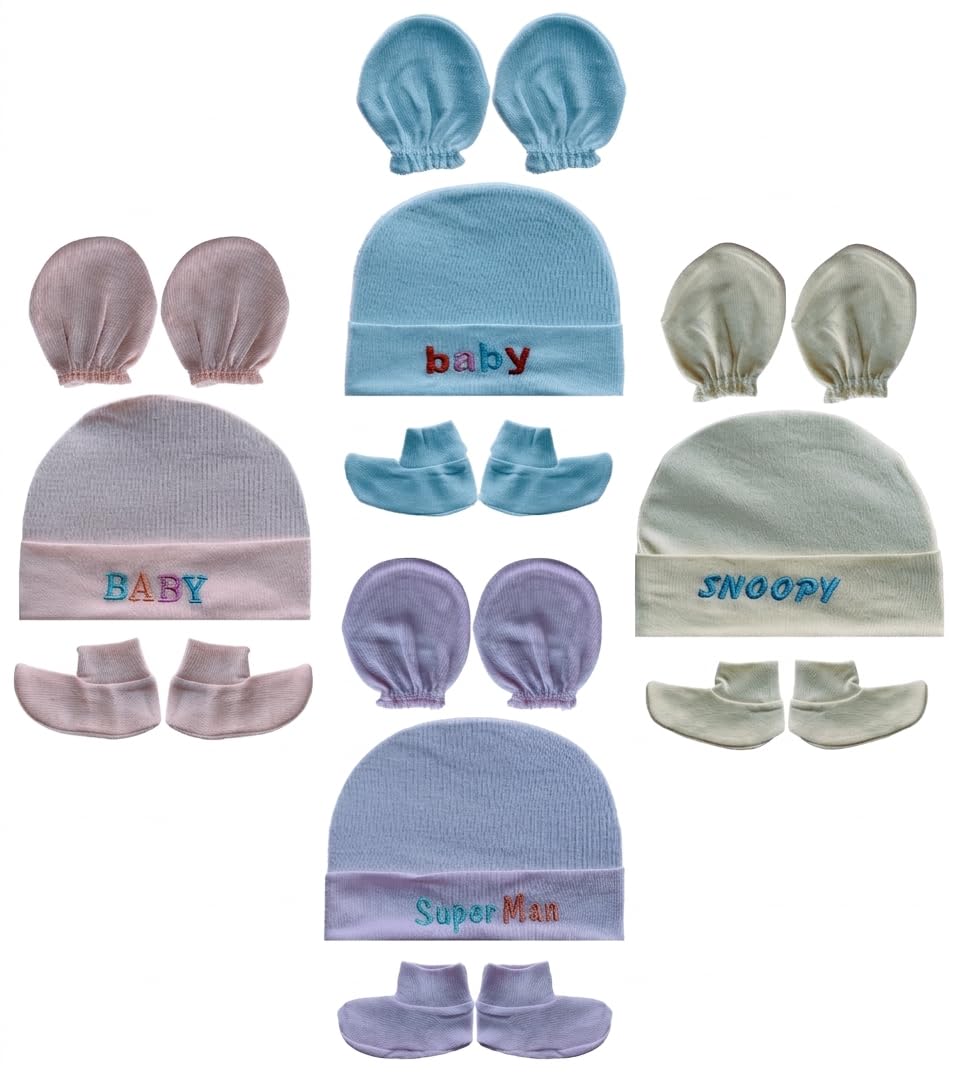 Wavva Cotton Plain Cap. Mittens And Booty Combo For 06 Months Boys And Girls | Unisex Booty Set | Gift For New Born Baby | (Mul 0-6