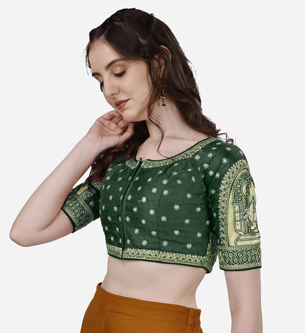 Pujia Mills Womens Heavy Embroidery Coding with Sequins and Diamond Work Half Sleeves Fancy Cutwork Readymade Saree Blouse.(Pal