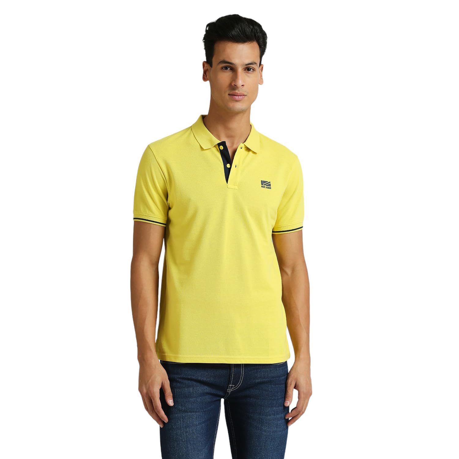 Pepe Jeans Men Cotton Blend Regular Fit Solid Polo T-Shirts,Yellow,Small