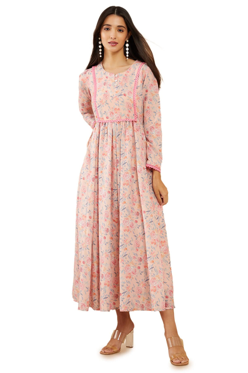 Soch Peach Muslin Floral Print Flared Fit Kurta