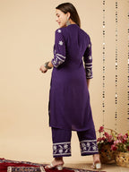 ANNI DESIGNER Womens Cotton Blend Straight Chikankari Embroidered Kurta with Palazzo Set (LKO Purple-NW_XL_Purple_X-Large)