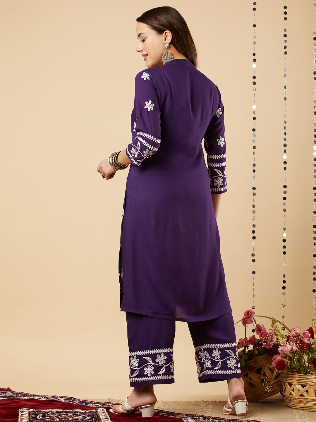 ANNI DESIGNER Womens Cotton Blend Straight Chikankari Embroidered Kurta with Palazzo Set (LKO Purple-NW_XL_Purple_X-Large)
