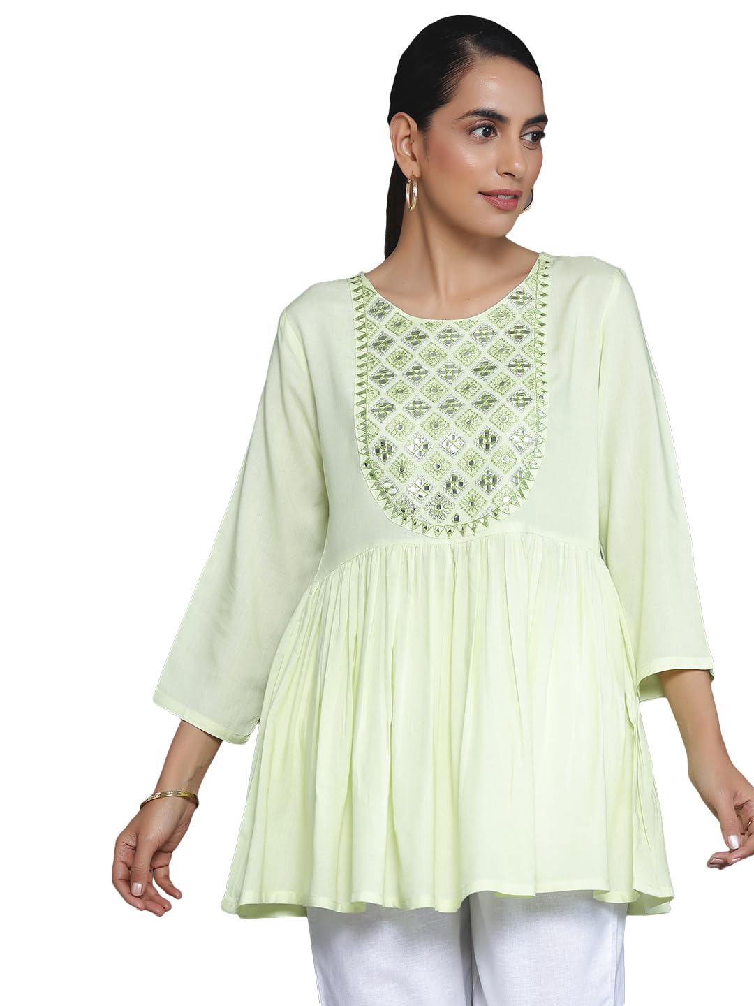 Libas Womens Embroidered Viscose A-Line Kurti For Women Green