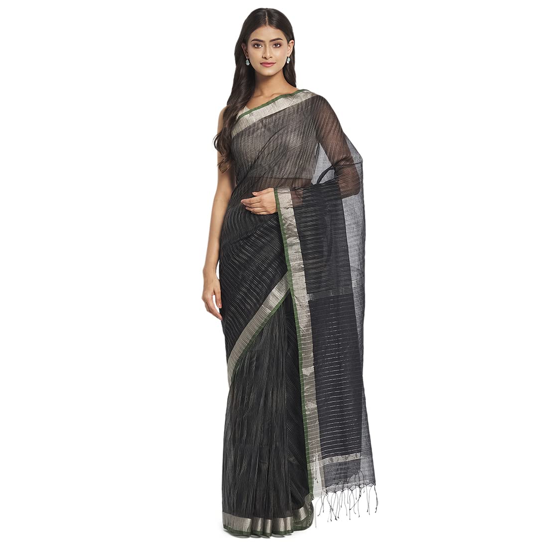 Fabindia Women Cotton Silk Abstract Sari Black_Freesize