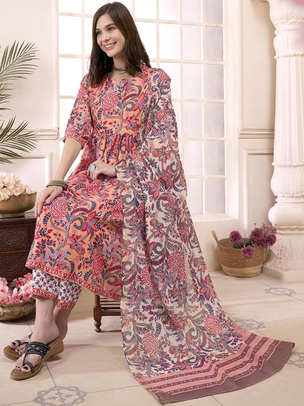 Tee Projekt WomenS Cotton Blend Sweetheart Neck Anarkali Kurta Pant With Dupatta Set Pink