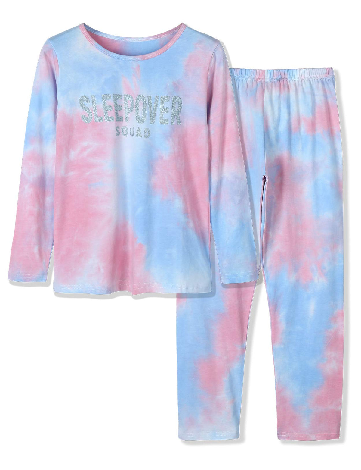 Tebbis Trendy Tie Dye Sleepover Pajamas for Girls 100% Cotton Soft Avocado/Caticorn Cat Donut PJ Set Size 618, Sleepover Squad 12