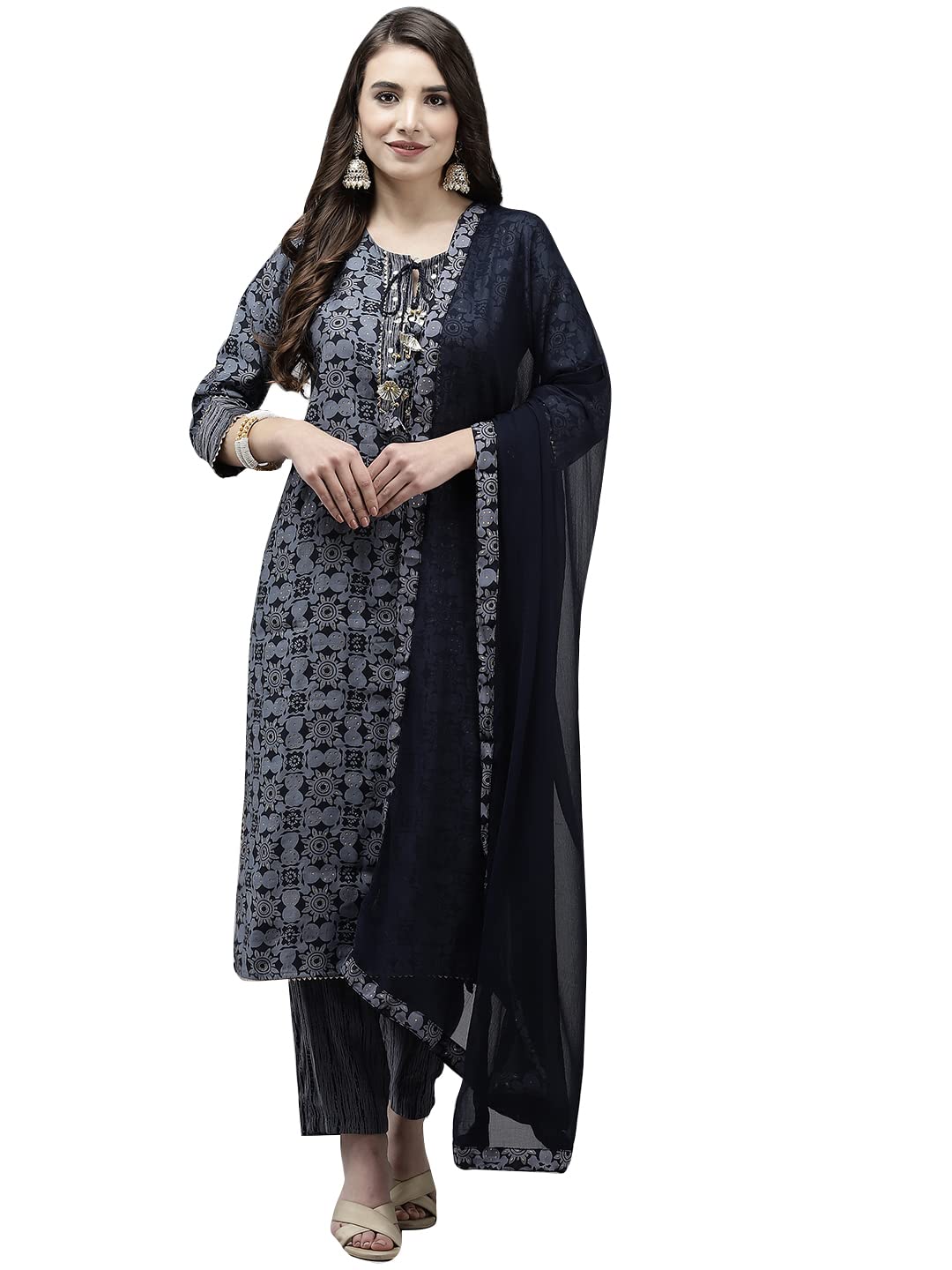 Ishin Women'S Silk Blend Navy Blue Embroidered & Gotta Patti A-Line Kurta Suit Set With Dupatta & Pant Kpldhvk-20045_Xxl_Navy Bl