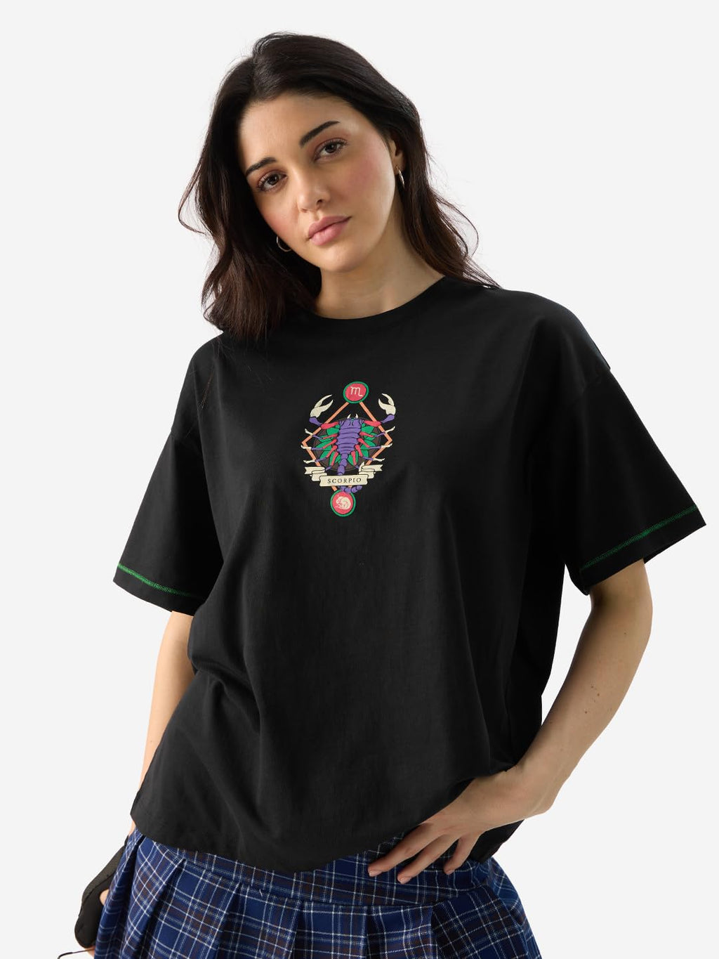 The Souled Store Zodiac: Scorpio Women and Girls Short Sleeves Round Neck Black Graphic Printed Cotton Oversized T-Shirts