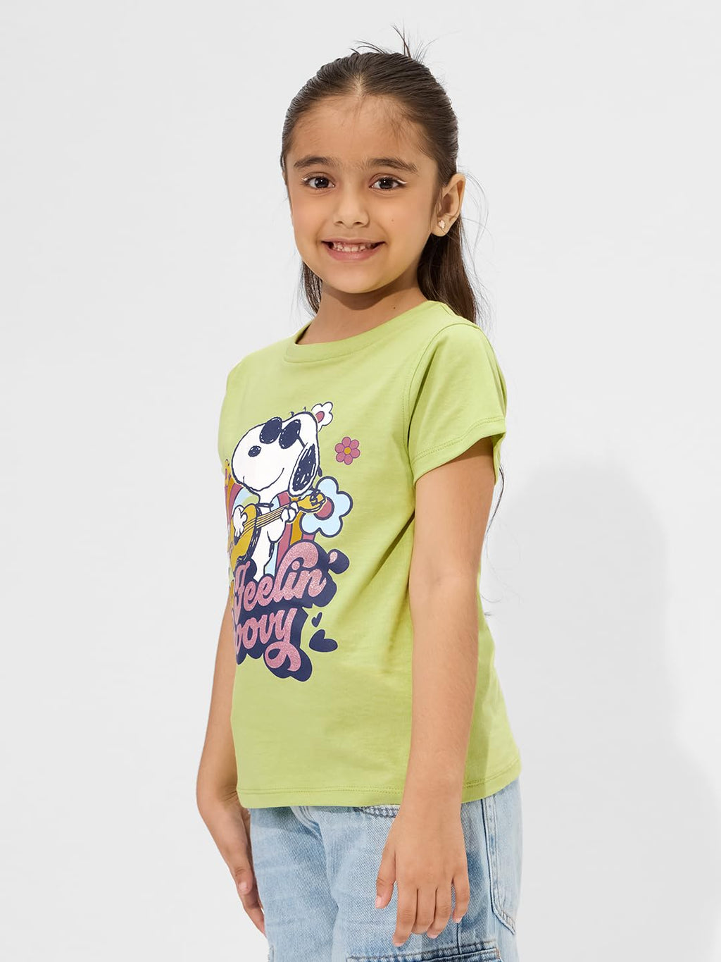 The Souled Store Peanuts: Groovy Vibes Girls Short Sleeves Round Neck Green Graphic Printed Cotton T-Shirts