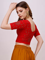Pujia Mills WomenS Readymade Hosiery Lycra Stretchable Round Neck Half Sleeve Blouse With Swaroski Work Fancy Lycra Stretchable