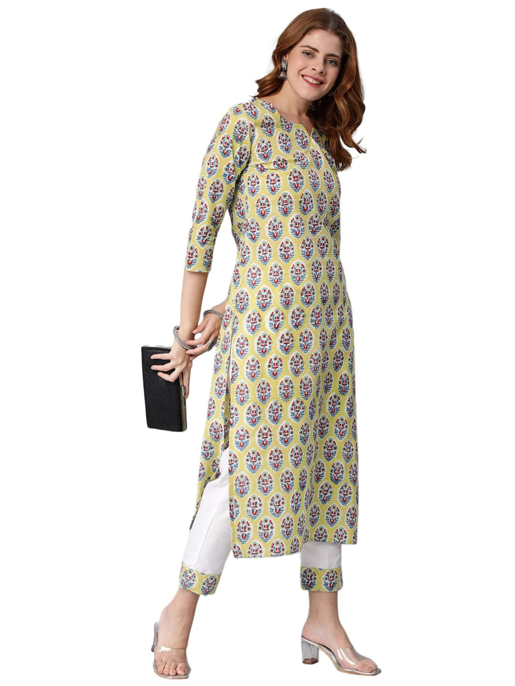 ANNI DESIGNER Women's Cotton Blend Traditional Straight Printed Kurta with Pant Set (Who Green_XL_Green_X-Large)