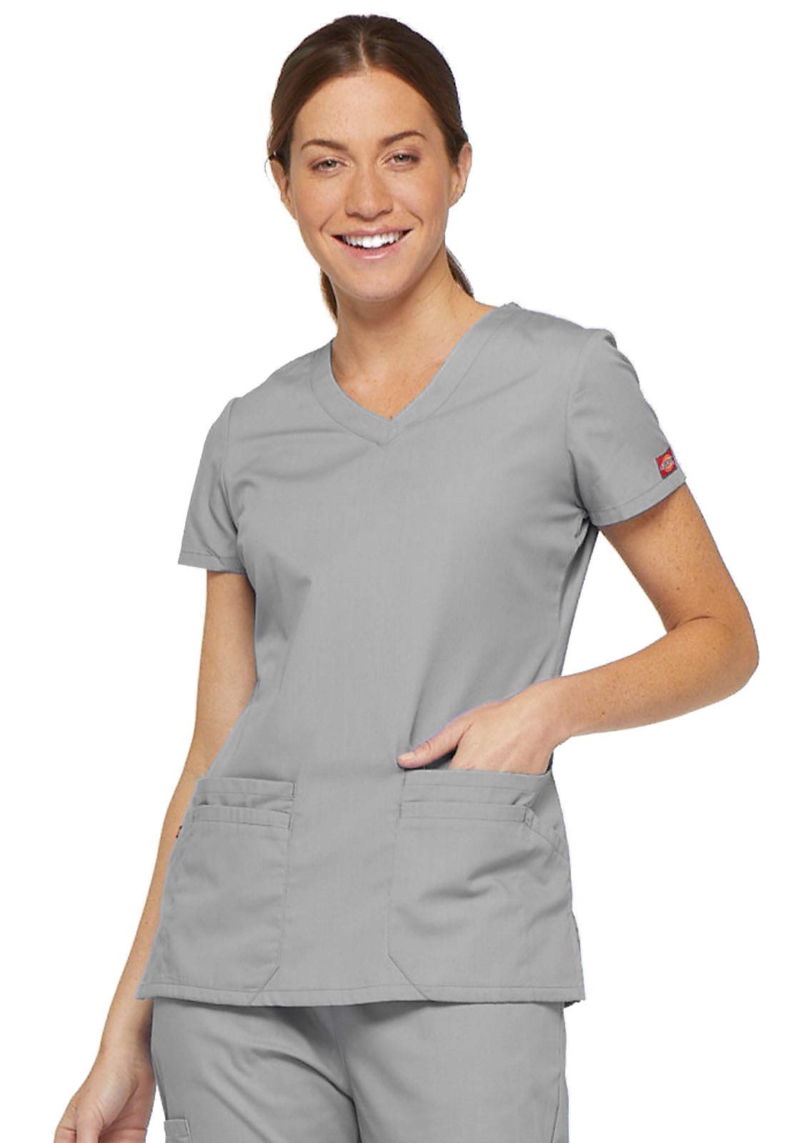 Dickies womens Signature V-neck Top With Multiple Patch Pockets Medical Scrubs Shirt, Grey, XX-Small US