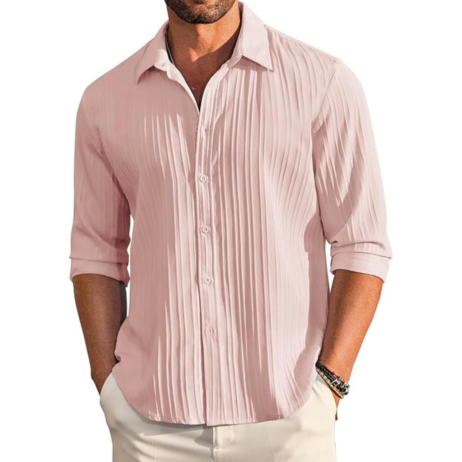Deelmo MenS Button Down Dress Shirts Textured Long Sleeve Casual Hawaiian Beach Shirt Cream