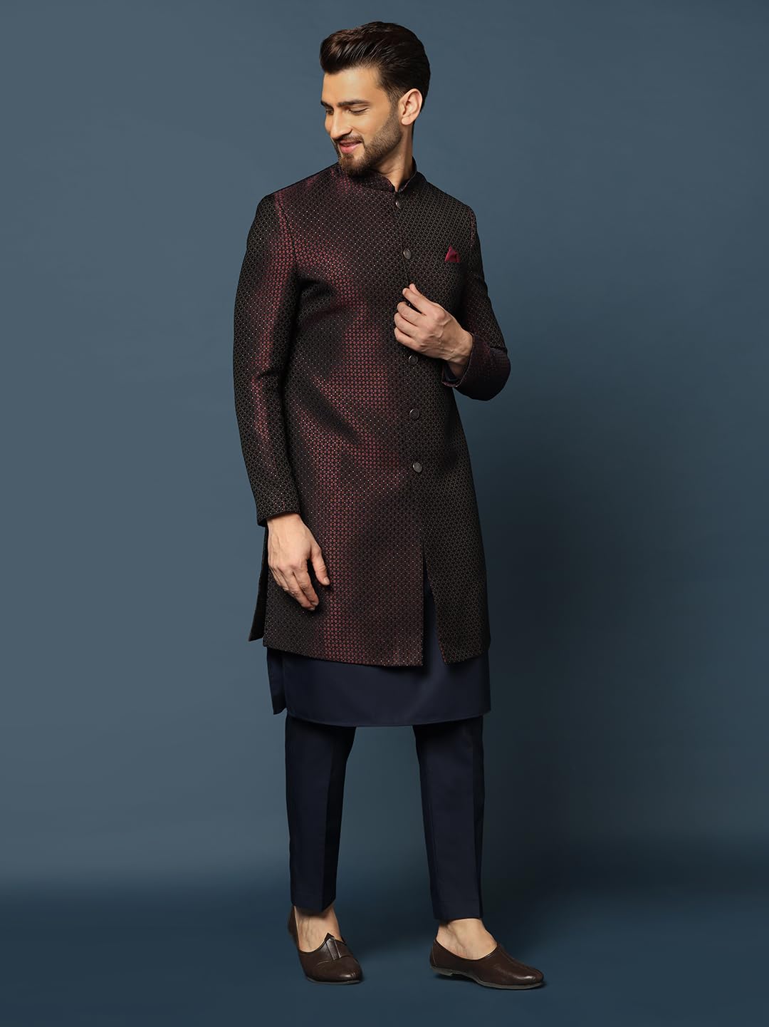 Kisah MenS Maroon And Navy Blue Indo-Western Kurta Sherwani Trousers Set Cotton Full Sleaves, Knee Length, Straight, Regular Fi