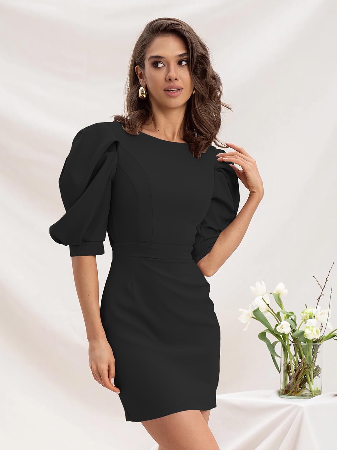 Addyvero Black Backless Puff-Sleeve Above Knee Party Dress