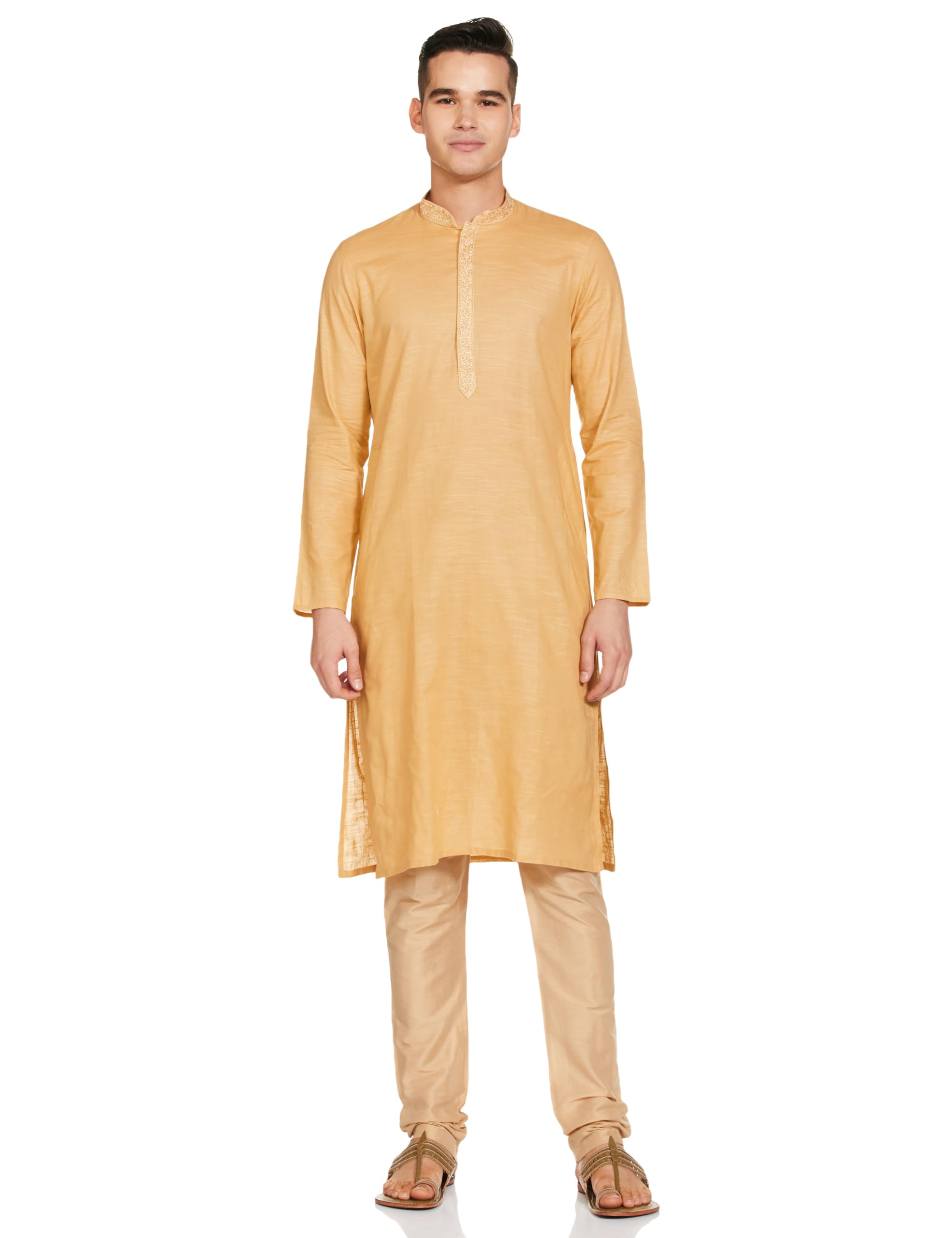 Manyavar Fawn Cotton Solid Casual Kurta Set for Men