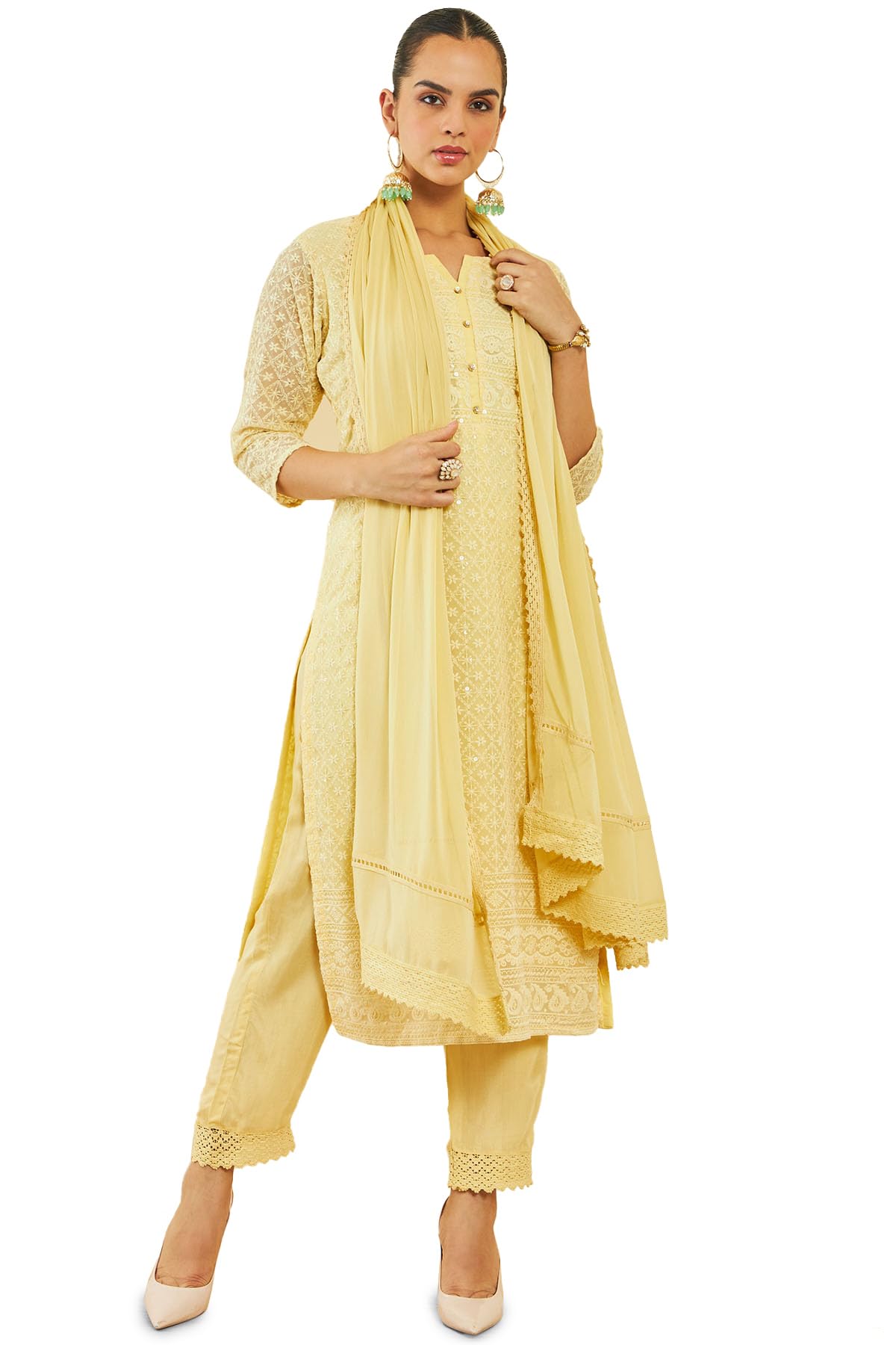 Soch Women Georgette Suit Set with Self Embroidery and Sequins