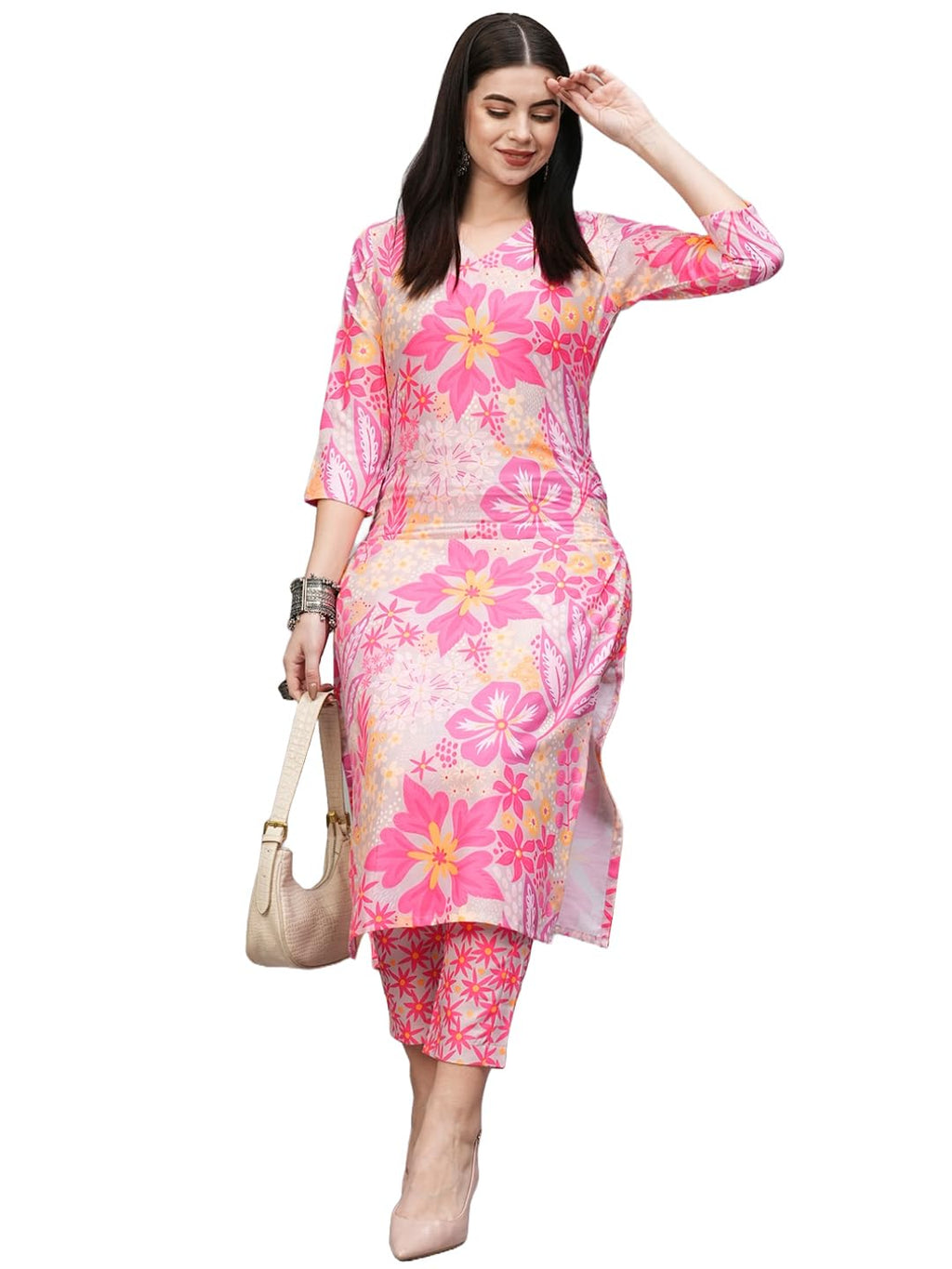 ANNI DESIGNER Womens Cotton Blend Straight Printed Kurta with Pant (Balu Pink_XL_Pink_X-Large)