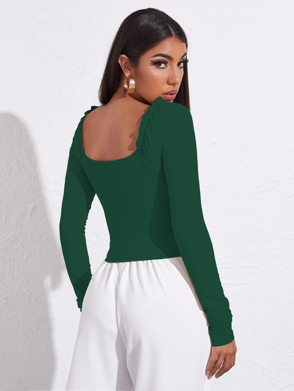 AVANOVA Womens & Girls Bottle Green Full Sleeve, Sweat Hear Neck, Frill Trim Ruched Crop Top for Women, Tops, T-Shirts for Gir