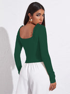 AVANOVA Womens & Girls Bottle Green Full Sleeve, Sweat Hear Neck, Frill Trim Ruched Crop Top for Women, Tops, T-Shirts for Gir