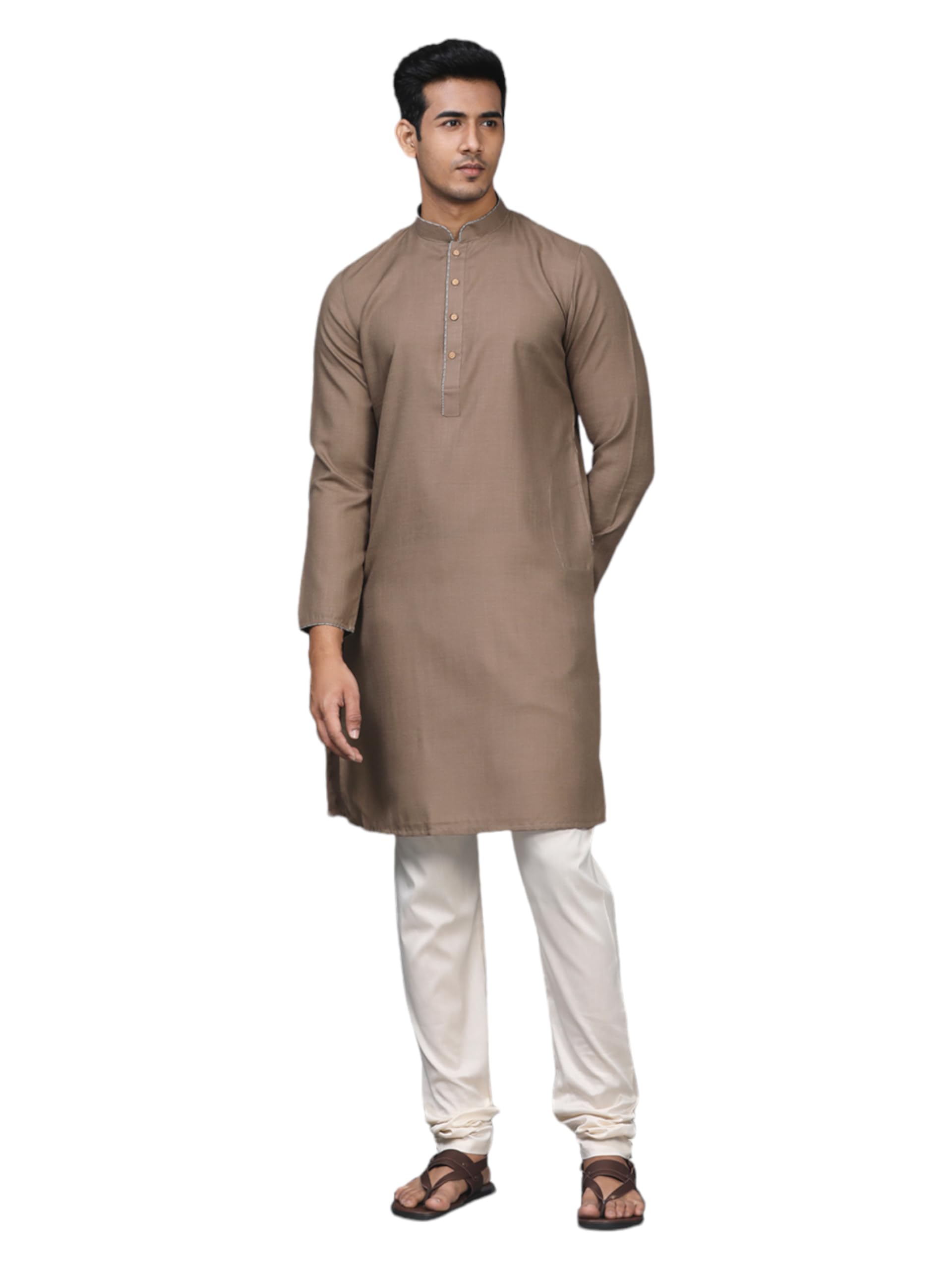 Manyavar Brown Blended Viscose Solid Kurta Only for Men